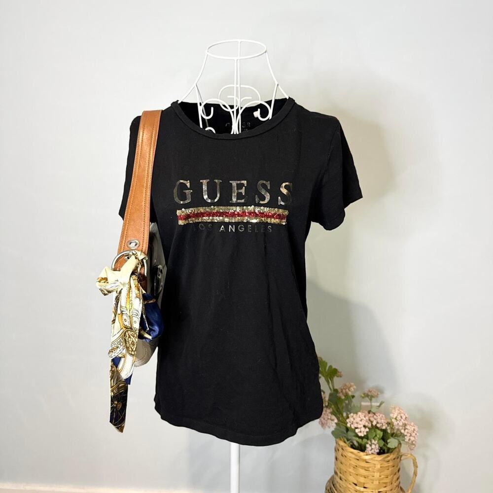 Cute vintage y2k black guess sequin baby tee